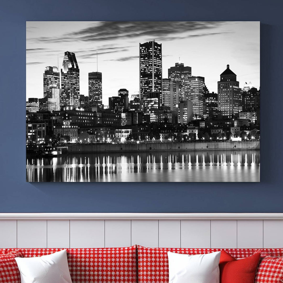 The contemporary living room features the Montreal Canada City Wall Art Canvas Print, an elegantly gallery-wrapped triptych on museum-quality canvas, prominently hung above.