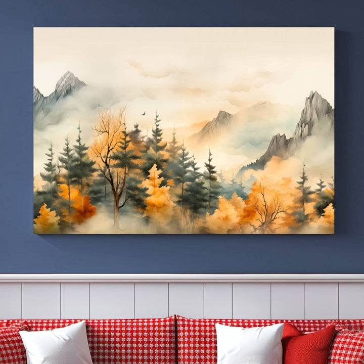 Gallery-wrapped on museum-quality canvas, the Abstract Watercolor Mountains and Trees Autumn painting displays a serene mountain landscape with autumn-colored trees.