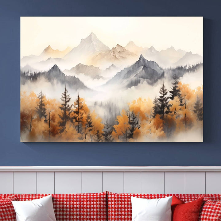 Art mural abstrait aquarelle montagnes et arbres automne