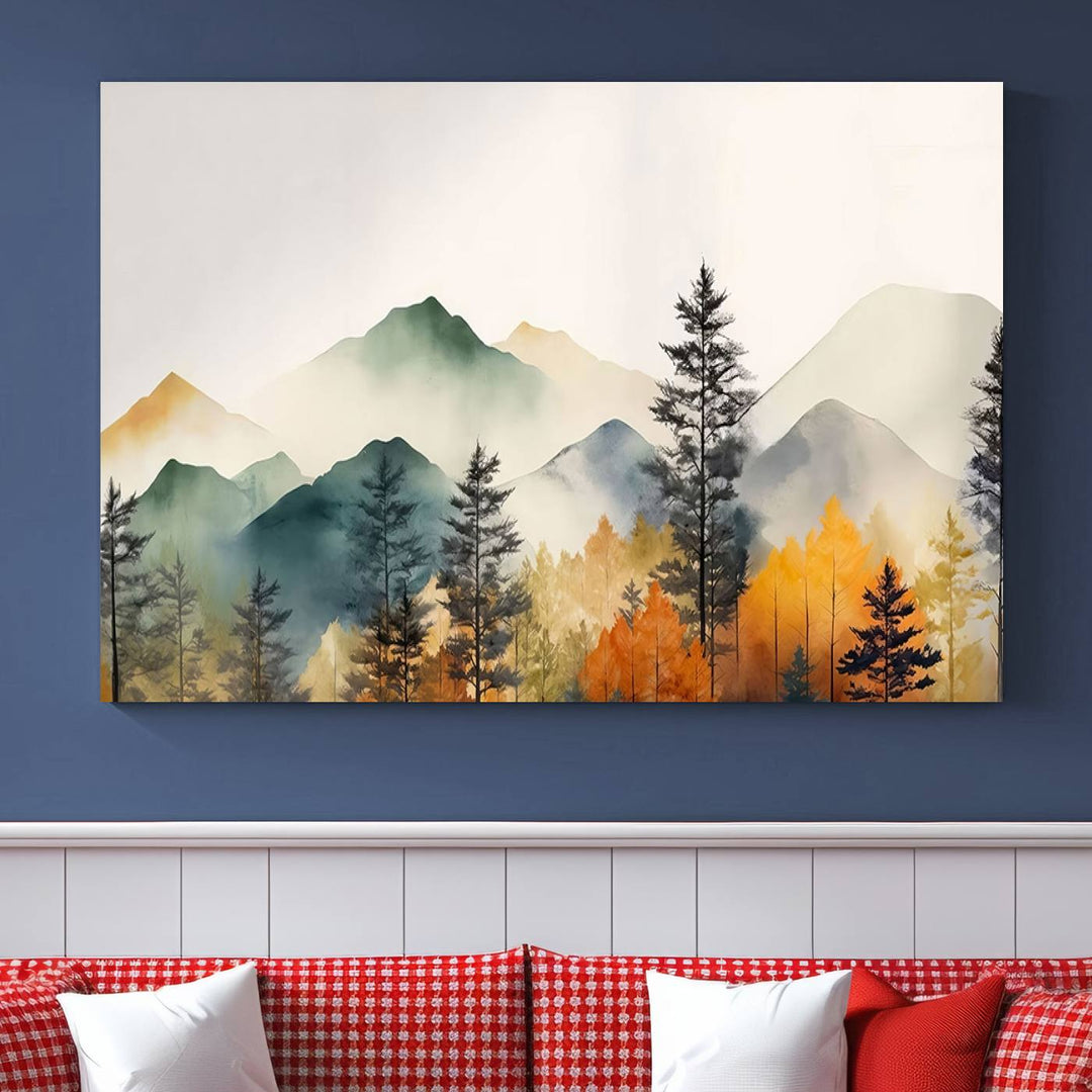 The Abstract Watercolor Mountains and Trees Autumn Wall Art, crafted on museum-quality canvas, decorates the space with its stunning triptych design. This wall art features autumn-colored mountains and trees, expertly gallery wrapped for a seamless and elegant addition to your living room.