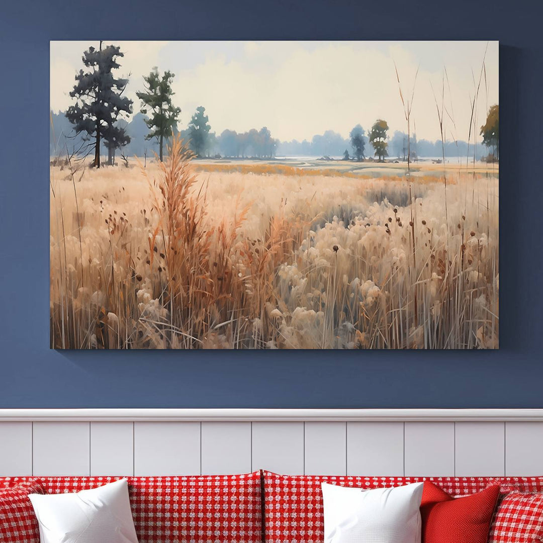 The Golden Fields Canvas Wall Art Print, a serene depiction of nature's tranquility in minimalist modern decor style, graces the wall with its calming presence.