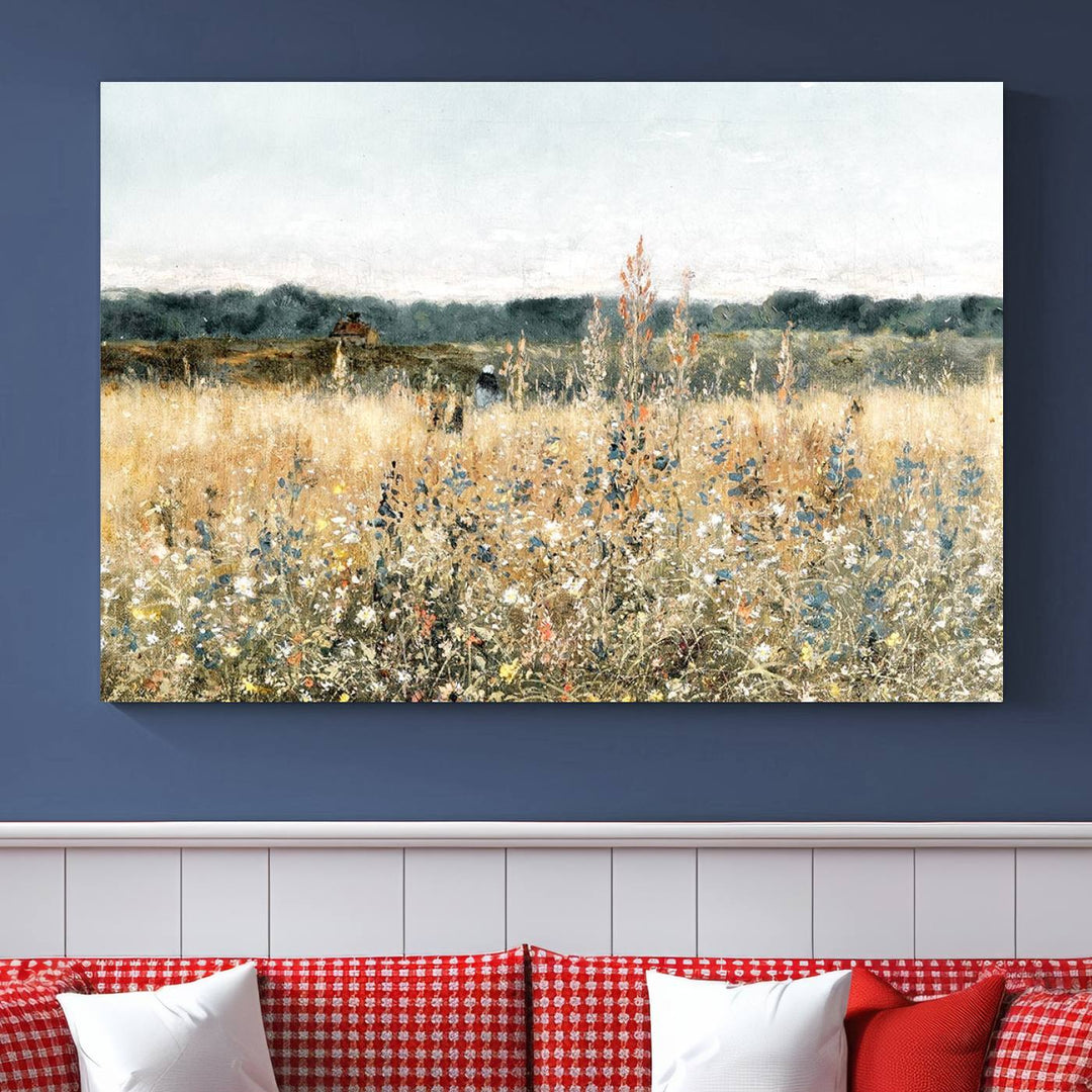 The "Wildflower Field Wall Art Canvas" brings rustic charm to the room with its nature-inspired landscape print, making it a perfect addition to the living room or office.