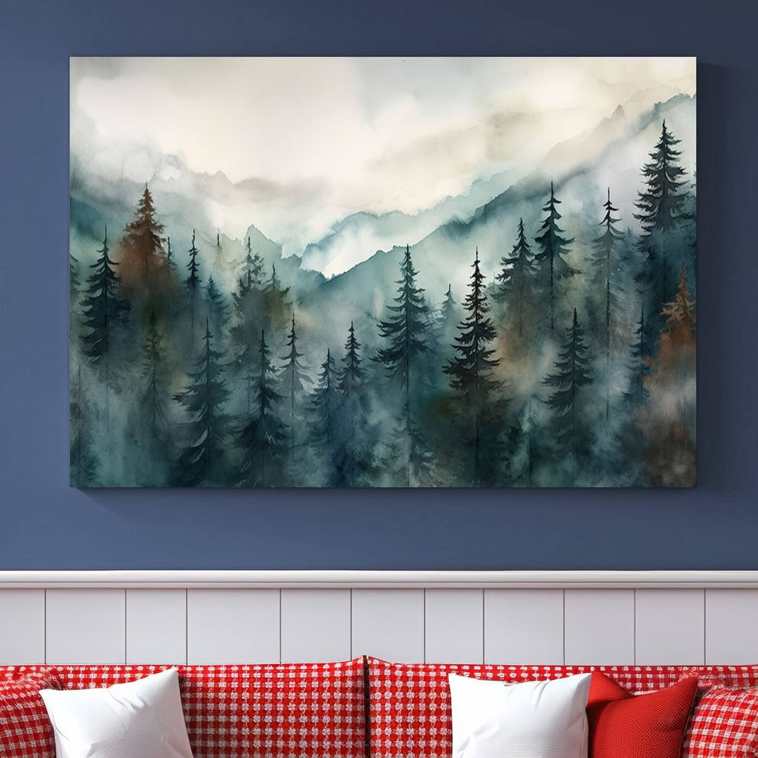 A set of Serenity Forest Wall Art Canvas prints, showcasing foggy mountain landscapes, is displayed in the living room.