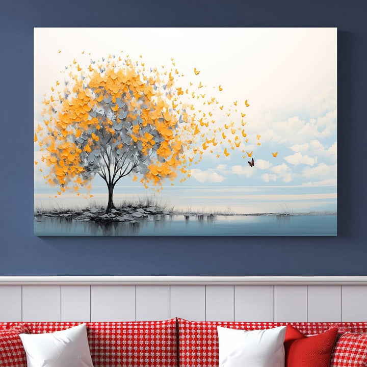 Abstract tree with yellow butterflies canvas wall art in a modern living room setting.