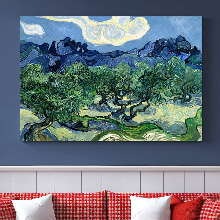 The Olive Trees Van Gogh Wall Art Canvas Print enhances the living room with its vivid landscape on museum-quality canvas, complete with a UV-protective coating.