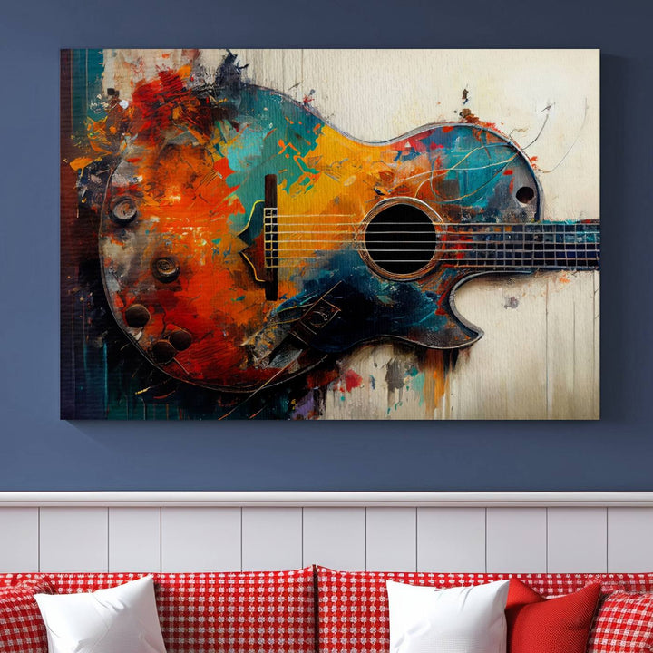 Abstract Guitar Wall Art Canvas | Vibrant Music-Inspired Art for Living Room or Studio | Colorful Music Decor Canvas Print