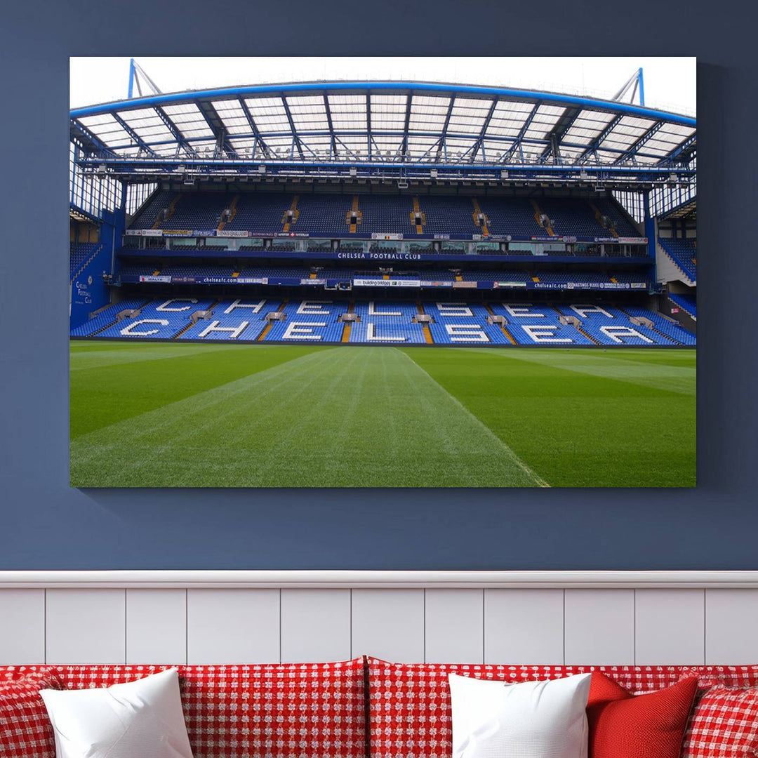 The Chelsea FC Soccer Team Print - Stamford Bridge Stadium Wall Art Canvas Print hangs elegantly, bringing the thrill of the game into your living room.