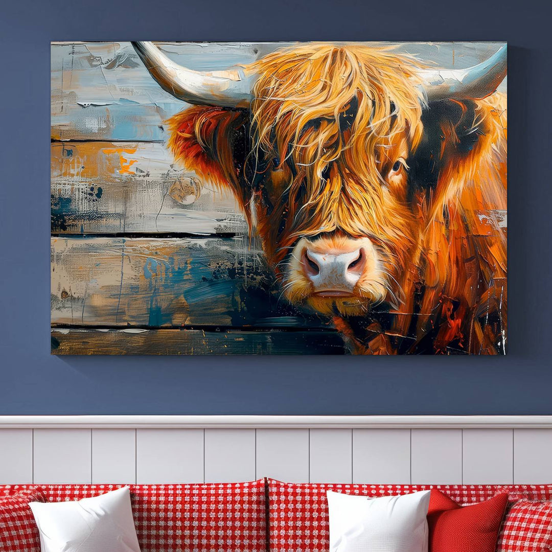 The Highland Cow Abstract Canvas Wall Art, a bold piece of farmhouse rustic decor, adds charm to the modern living room.