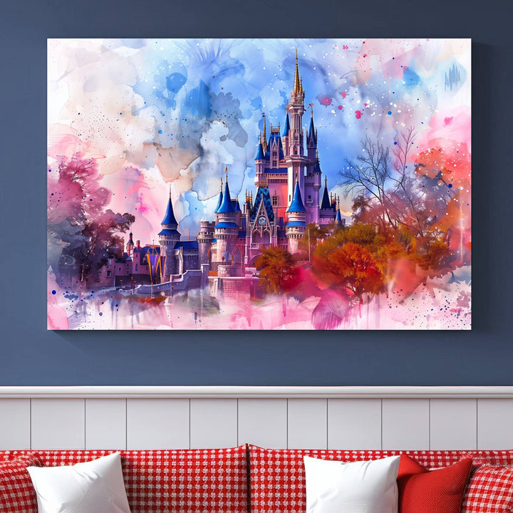 The Disney Wall Art: Dreamy Watercolor Cinderella Castle Canvas Print features a fairy-tale castle with vibrant pink, blue, and purple hues. Expertly handmade in the USA, this premium canvas wall art adds a touch of enchantment to any room.