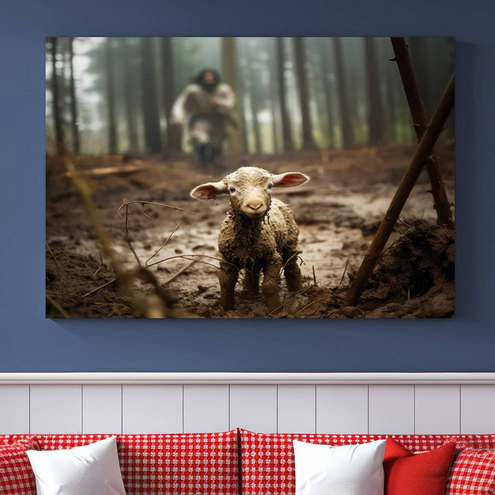 Jesus Running After a Lost Lamb Canvas Wall Art Print