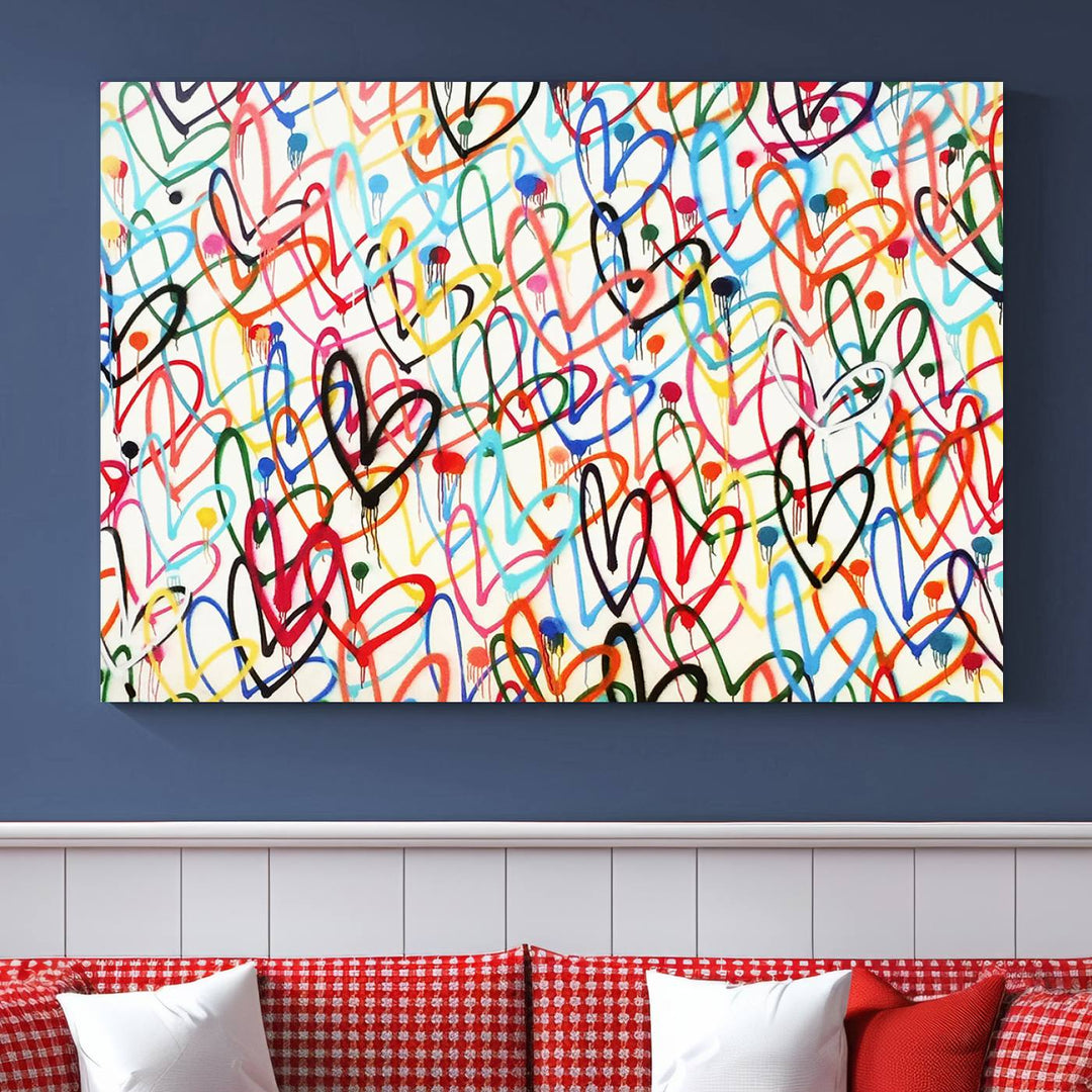 The "Colorful Love Canvas print," featuring vibrant abstract street art with overlapping loops, is handmade in the USA.