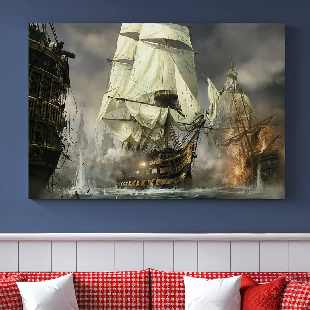 The Pirate Ship War Wall Art Canvas Print, featuring a stunning three-panel depiction of an intense sea battle with tall ships, boasts a gallery-quality finish that adds an elegant touch to its display.