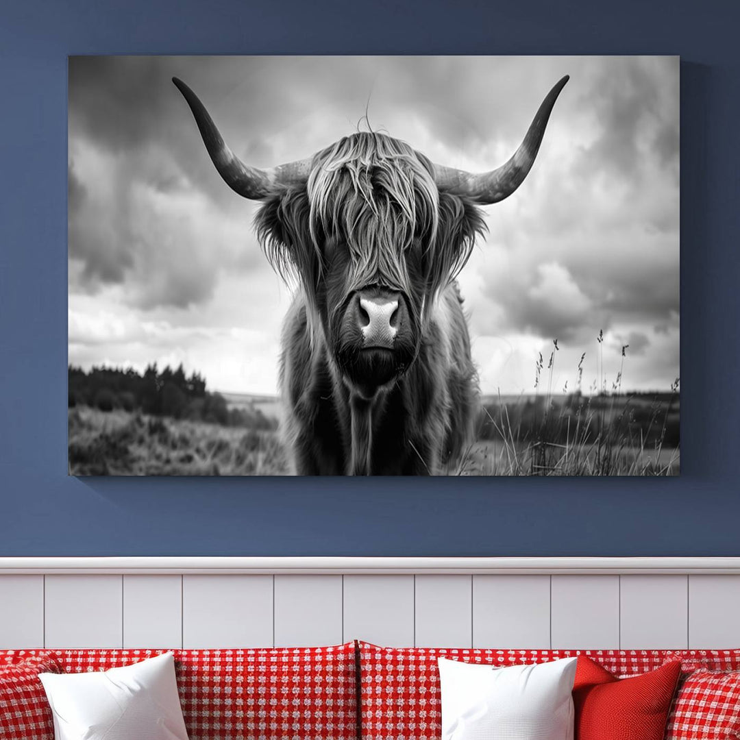 A stunning gallery-quality piece, the "Scottish Cow Wall Art Canvas Print | Longhorn Wall Art | Bighorn Animal Wall Art," depicts a Highland cow with long horns and shaggy fur. This captivating wall art elegantly enhances the space.