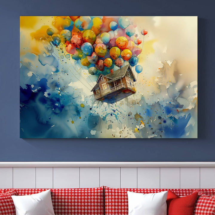 The Cartoon Movie Wall Art Canvas Print, featuring a vibrant house lifted by balloons and split across three panels, serves as captivating wall art. Handmade in the USA, it adds charm and whimsy to any space.