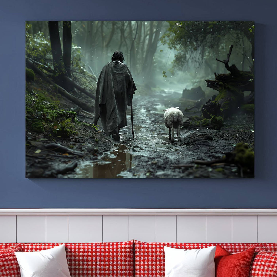 The "Forest Jesus Shepherd Canvas Wall Art" features a person with a cane, clothed in a cloak, walking beside a sheep through a misty forest. This piece captures tranquility and is ideal for adding serenity to your living room, office, or bedroom decor.