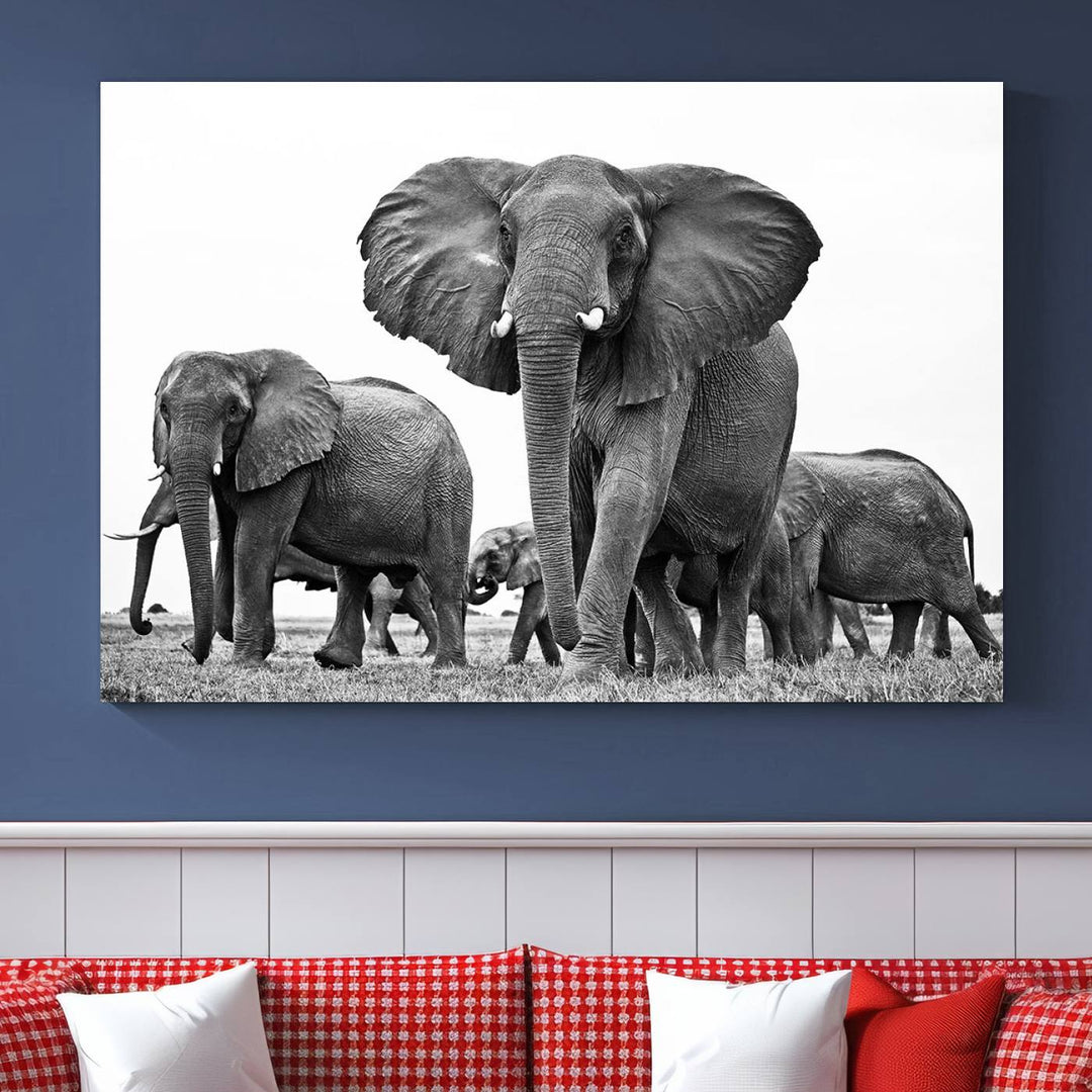 The Black White Elephant Family Wall Art Canvas Print features a triptych of elephants walking in the wild, crafted as gallery-quality wall art on premium canvas.