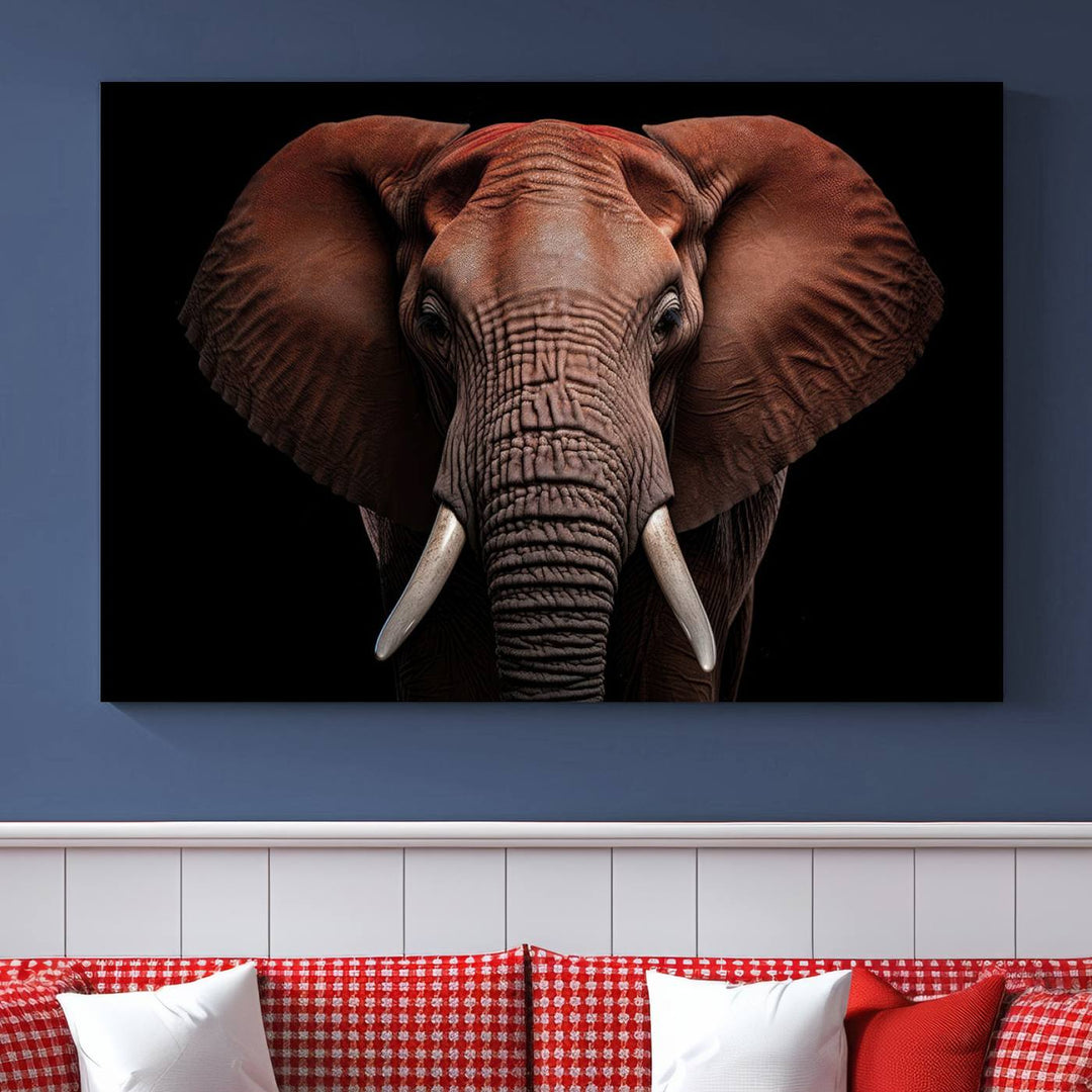 A stunning triptych titled "Wild Elephant Wall Art Canvas Print" beautifully enhances the wall above a contemporary living room. This Africa Savannah Wild Animal Wall Decor Print is of museum-quality, complete with a UV-protective coating to ensure its vibrancy and beauty are preserved for years.