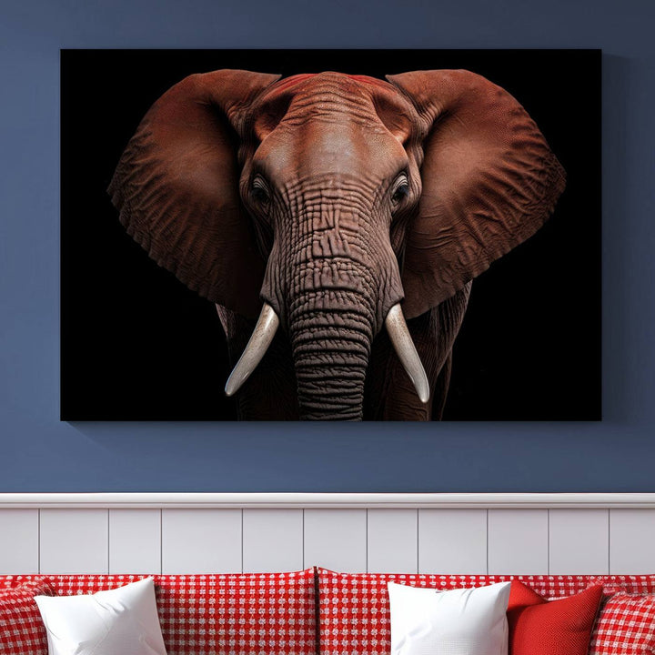 A stunning triptych titled "Wild Elephant Wall Art Canvas Print" beautifully enhances the wall above a contemporary living room. This Africa Savannah Wild Animal Wall Decor Print is of museum-quality, complete with a UV-protective coating to ensure its vibrancy and beauty are preserved for years.