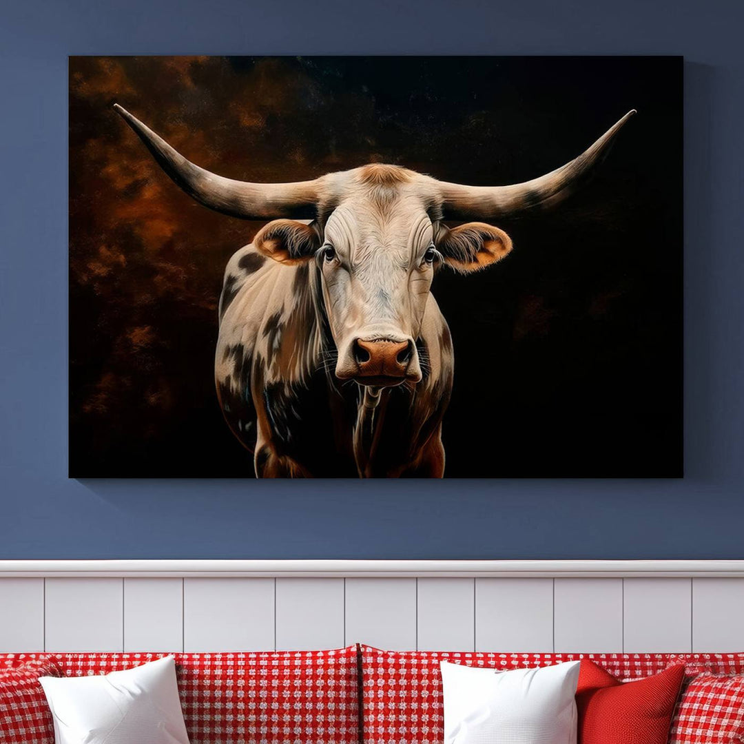 The Texas Longhorn Wall Art, a 3-panel large canvas print, infuses the room with a dash of cowboy charm.