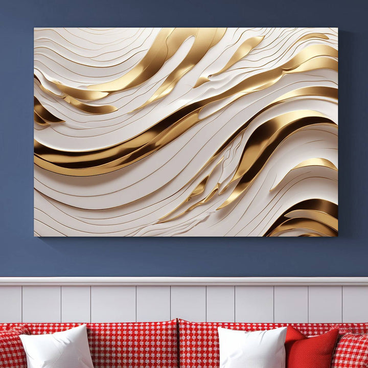 The "Gold and White Abstract Wave Canvas – Elegant Flowing Design with Luxurious Golden Accents" beautifully enhances the area and creates a stunning focal point in the room.