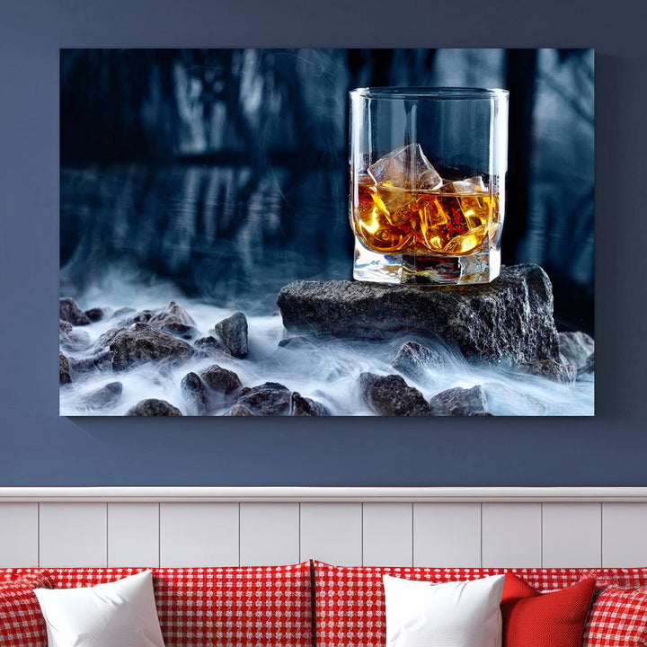 The Whiskey Ice Wall Art Canvas Print, a triptych featuring a glass of whiskey on the rocks, is crafted with a gallery-quality finish on premium canvas.