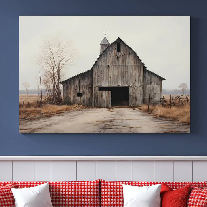 A framed and ready-to-hang Farmhouse Rustic Barn Wall Art Canvas Print is displayed against a gray wall. This stylish modern living room seamlessly combines rural life wall décor with contemporary comfort.