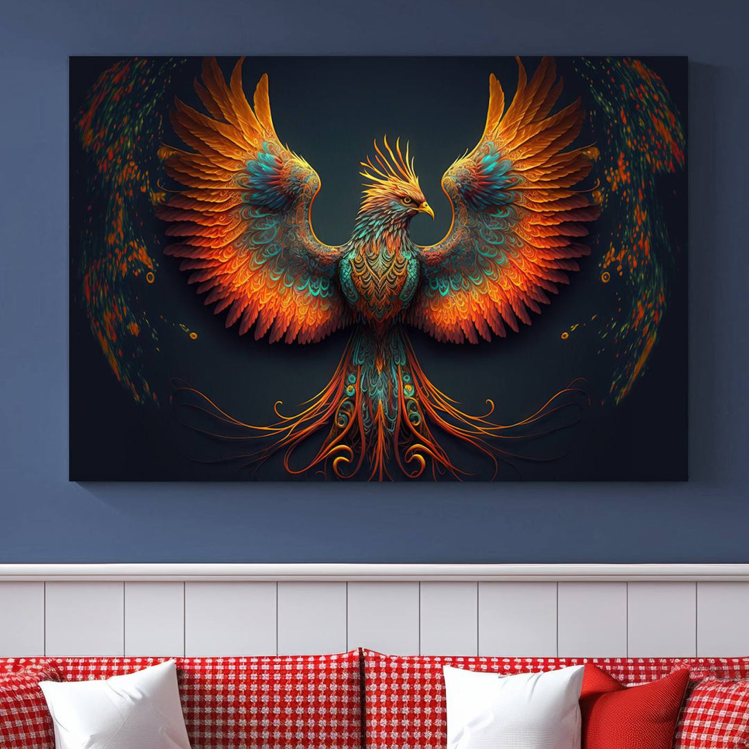 The Majestic Phoenix Wall Art Canvas Set, a fiery symbol of rebirth and strength, graces the wall.