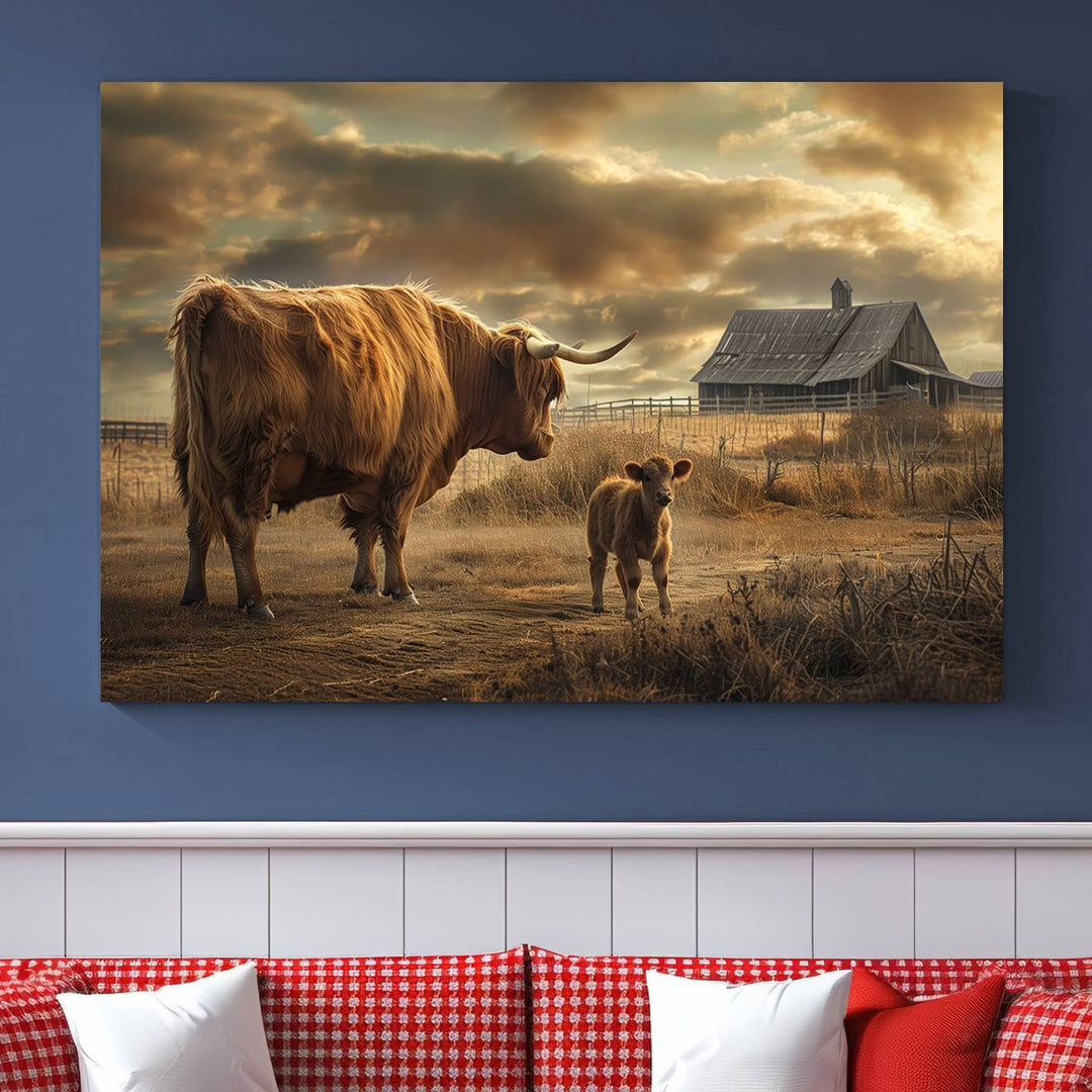 The living room features the "Highland Cow Canvas Wall Art Animal Print Pictures Fluffy Cattle Art," which captures a cow and calf in a rural sunset scene, adding gallery-quality charm.