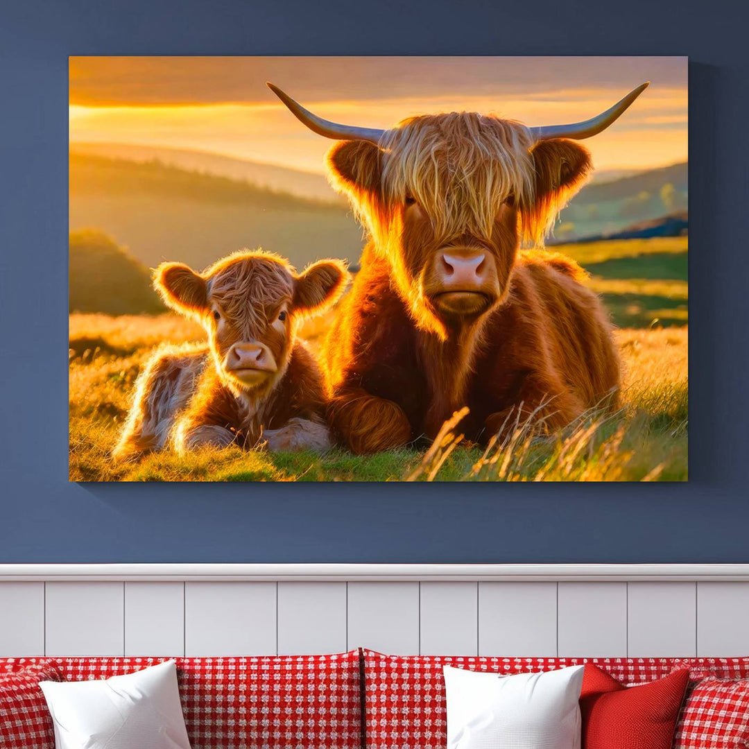 The living room showcases a gallery-quality finish with the Scottish Cow and Baby Cow Canvas Wall Art, featuring a charming animal print of fluffy cattle as the centerpiece. This stunning piece is displayed on premium canvas, creating an inviting atmosphere.