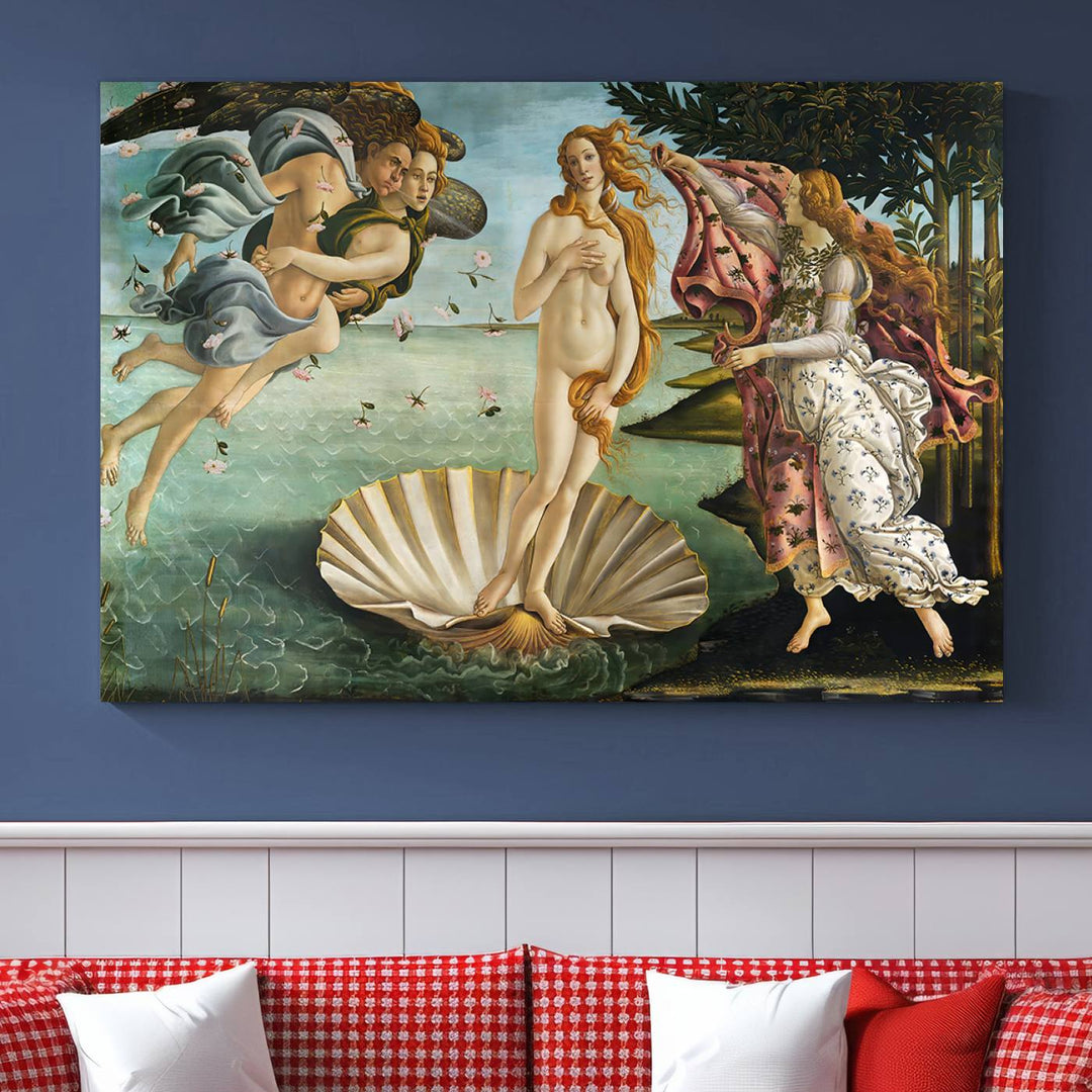 A gallery-quality finish graces the triptych of "The Birth of Venus Sandro Botticelli Reproduction Canvas Print Classic Print," elegantly showcased as a stunning centerpiece. This exquisite canvas artwork enhances the living room's decor, serving as an eye-catching focal point in the space.