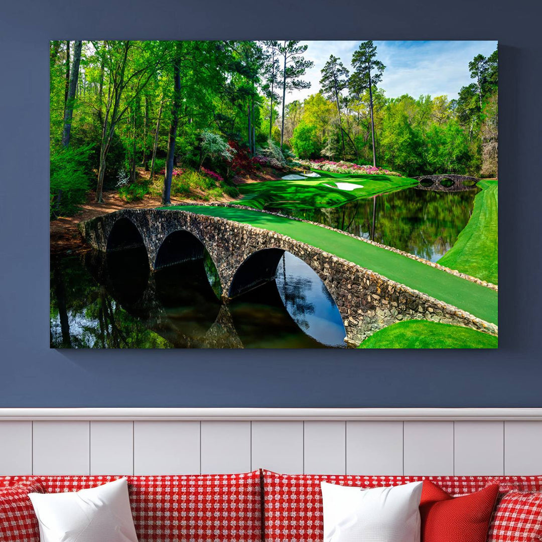 Augusta National Golf Club Wall Art - Panoramic Bridge & Lush Greenery – Premium Framed, Ready-to-Hang Triptych Canvas