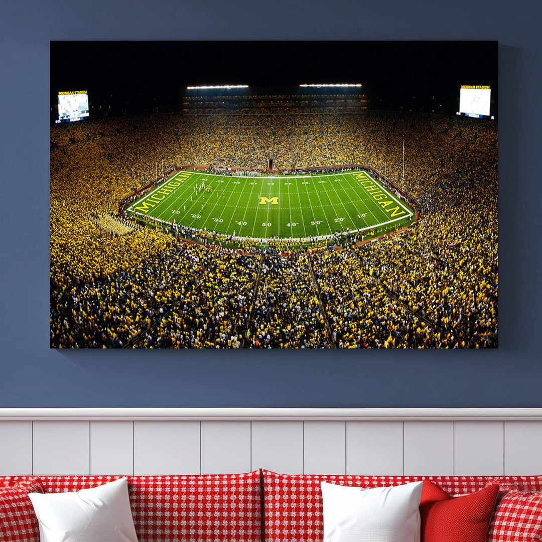 Michigan Wolverines Football Team Print - Michigan Stadium Night Game Triple Canvas Wall Art - University of Michigan Football Match