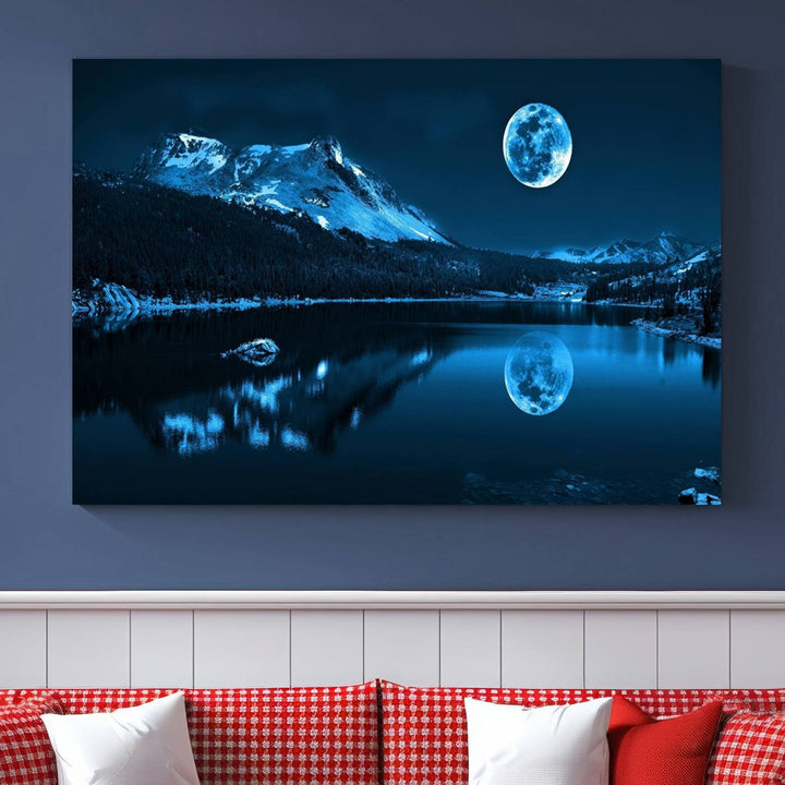 Blue Moon Mountain Lake Landscape Framed Wall Art Canvas Print