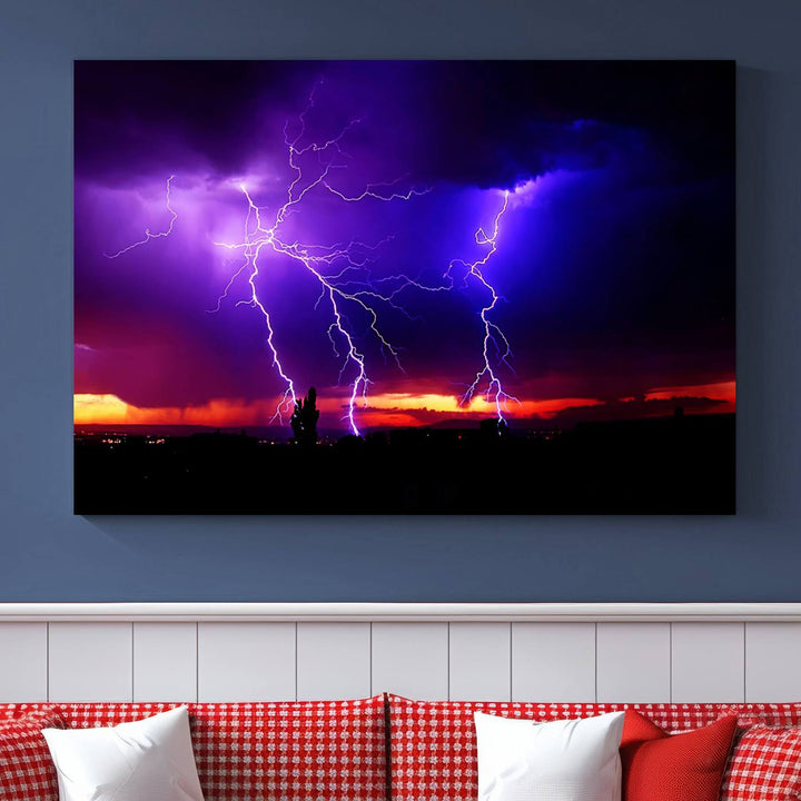 Electrifying Sunset Thunderstorm Canvas Print – Dramatic Lightning and Vibrant Sunset Wall Art