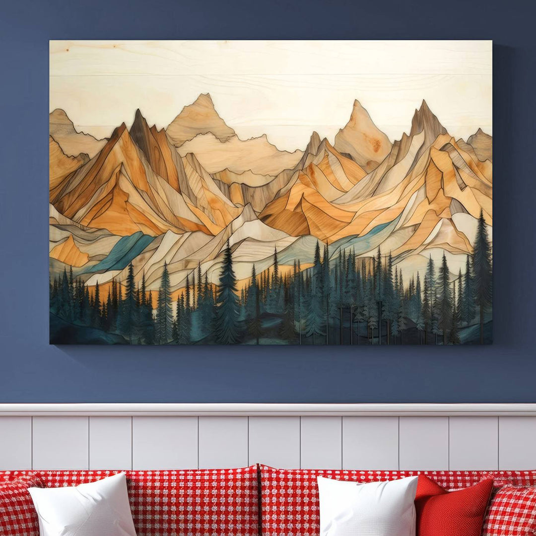 Rustic Wood Style Mountain Wall Art Print | Triptych Giclee Print Featuring Handcrafted Forest and Mountain Range Design | Framed Ready-to-Hang Print