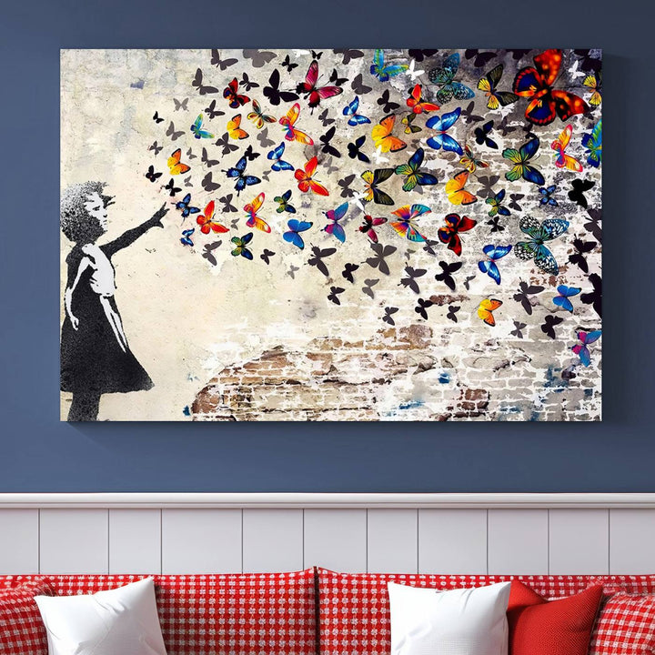 Banksy Style Girl with Butterflies Wall Art - Beautiful Framed Ready-to-Hang Triptych Canvas - Vibrant Butterfly Street Art for Modern Decor