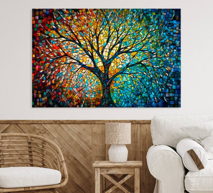 Explore the Yggdrasil Tree of Life Wall Art Print, a 3-panel canvas print made in the USA, featuring a vibrant multicolor mosaic design.