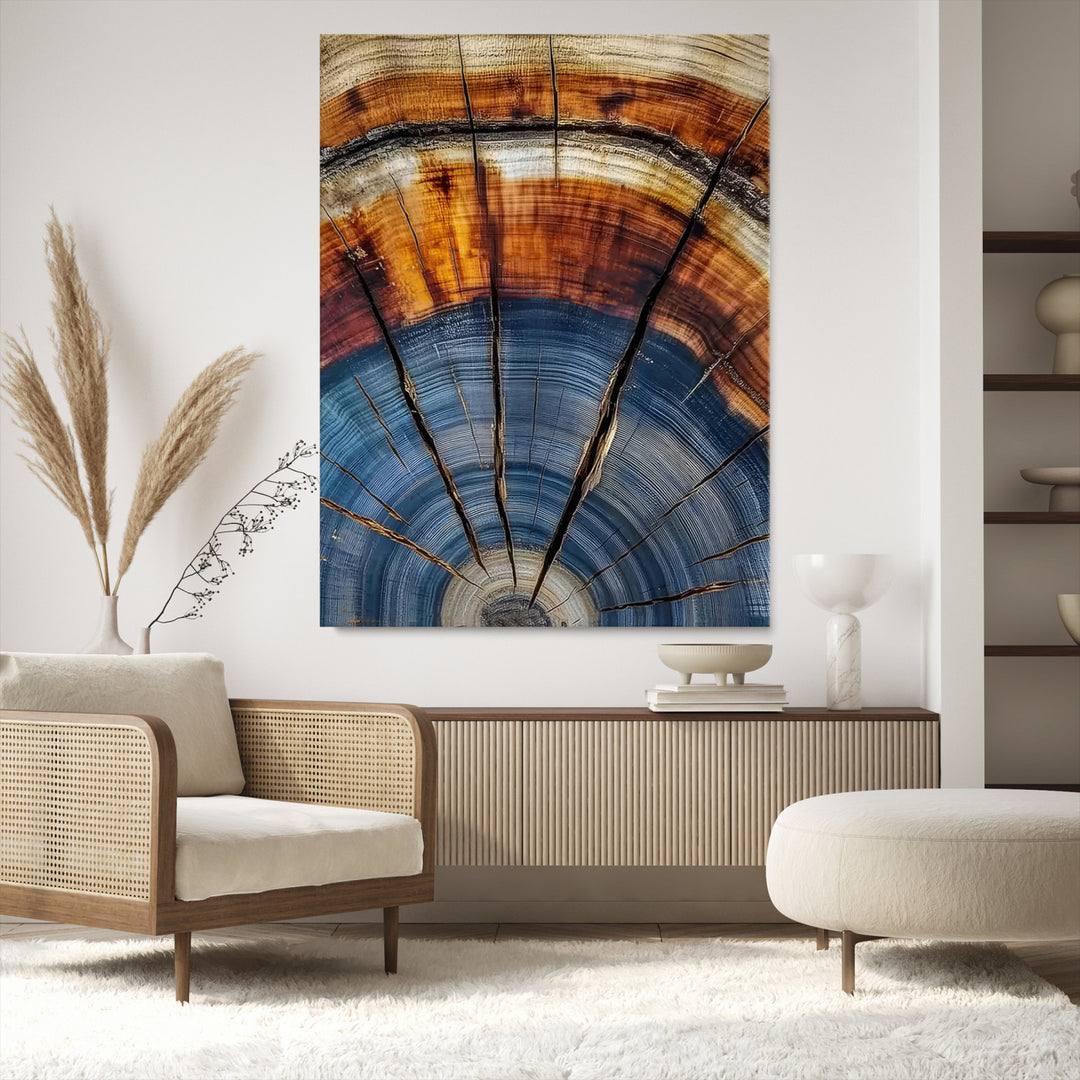Tree Rings Wall Art Canvas Print, Framed Wood Texture Art Picture Print, Blue Grain Perfect Rustic Modern Decor Artwork