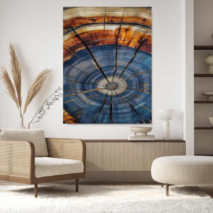 Tree Rings Wall Art Canvas Print, Framed Wood Texture Art Picture Print, Blue Grain Perfect Rustic Modern Decor Artwork, Wood Texture Wall Art Canvas