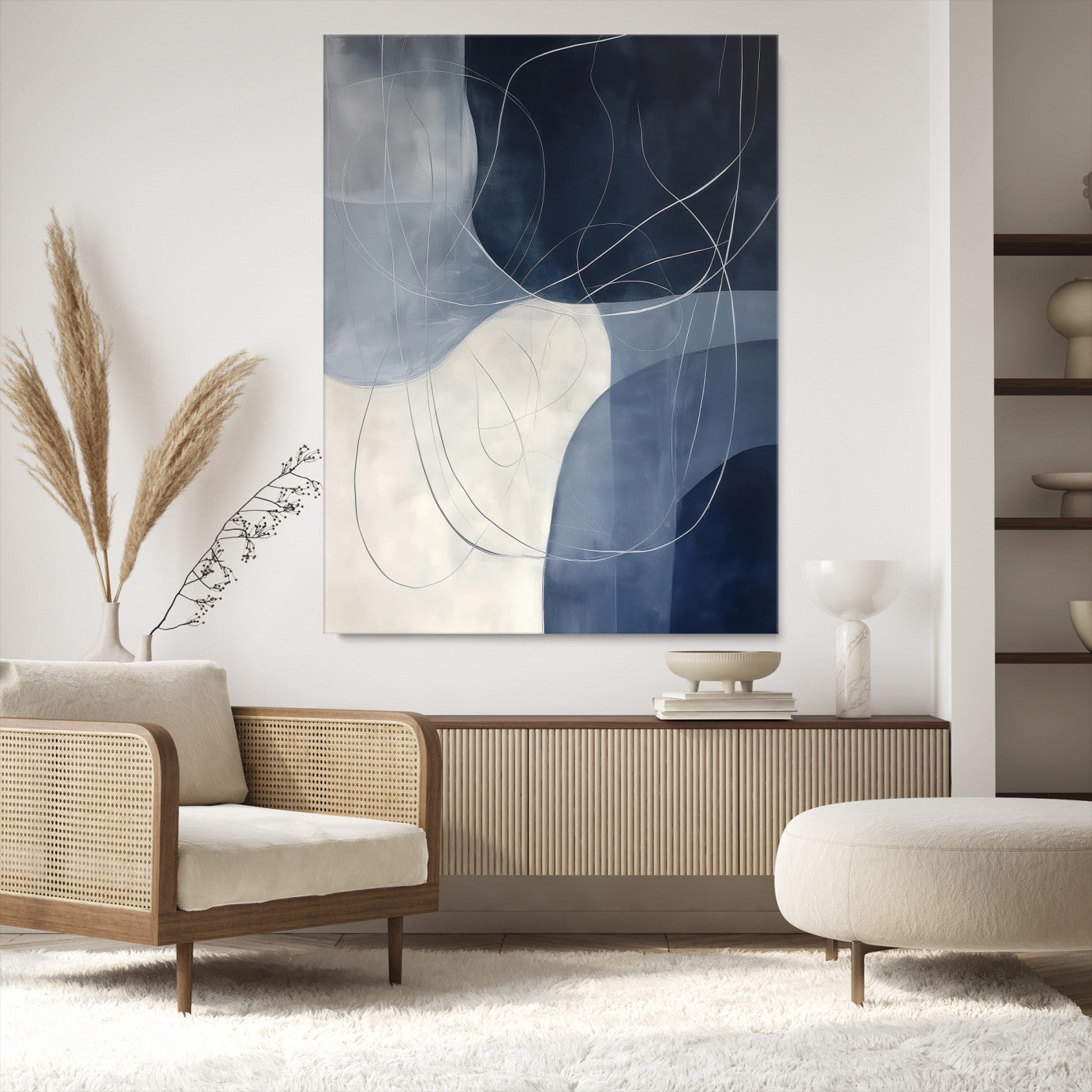 Navy Abstract Wall Art Canvas Print, Framed Minimal Lineart Art Picture Print, Abstract Shapes Perfect Minimalist Abstract Decor Artwork