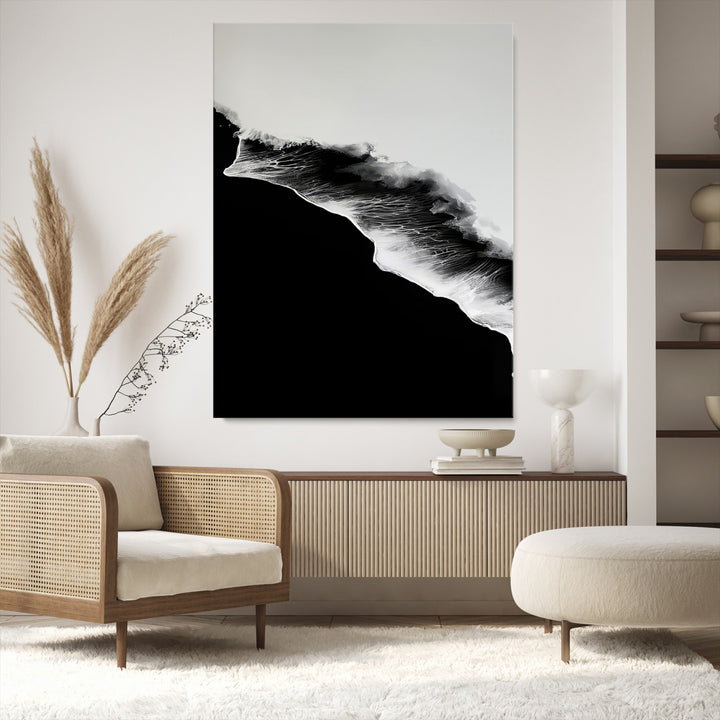 Ocean Wave Wall Art Canvas Print, Abstract Wave Print, Framed Monochrome Sea Art Print, Large Ink Wave Form Printing Perfect for Modern
