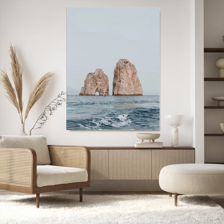 Faraglioni Capri Wall Art Canvas Print, Serene Ocean Print, Framed Mediterranean Coastal Art Print, Large Rocky Ocean Printing