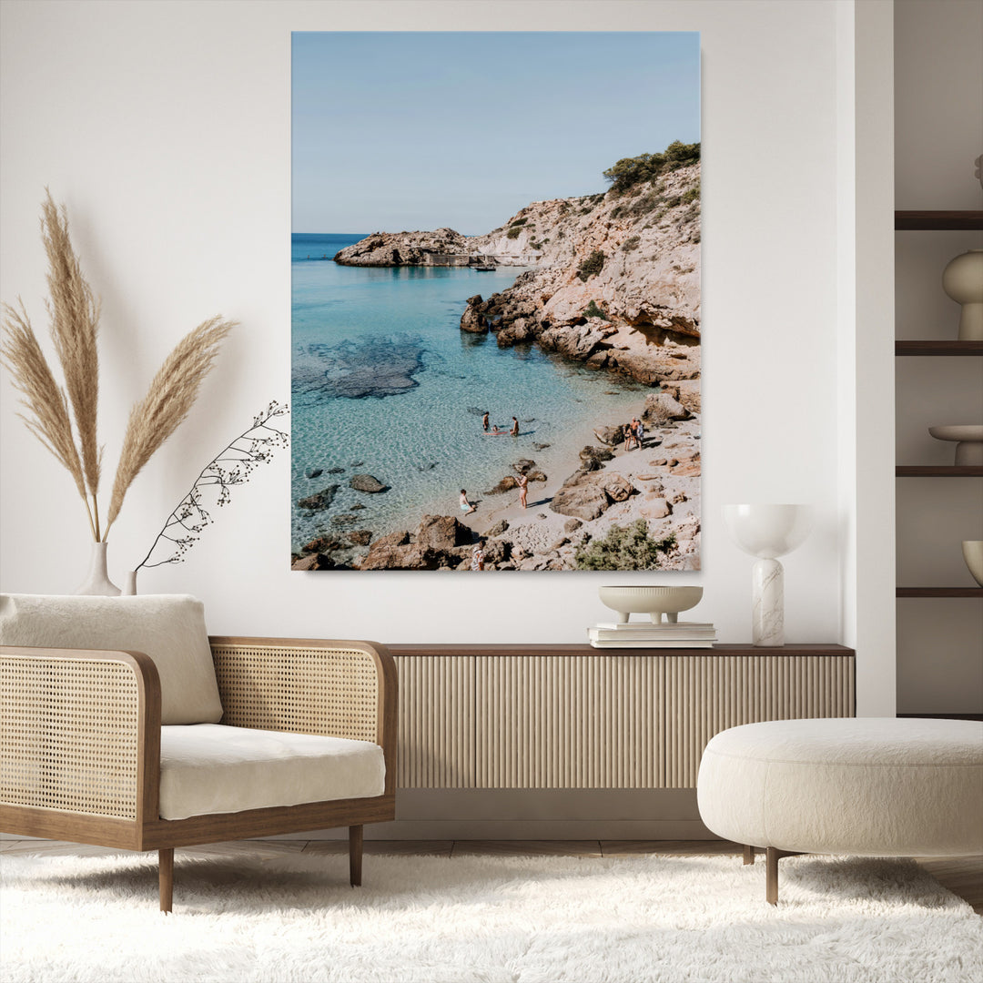 Turquoise Cove Wall Art Canvas Print, Ibiza Beach Print, Framed Mediterranean Shore Art Print, Large Clear Shoreline Printing Boho