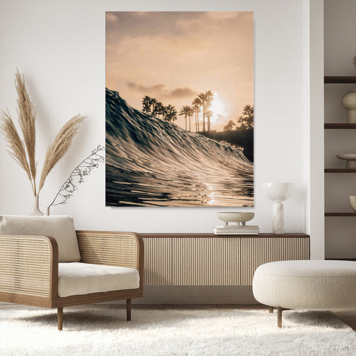 Golden Hour Ocean Wall Art Canvas Print, Tropical Beach Sunset Print, Framed Palm Tree Silhouettes Art Print, Large Warm Coastal