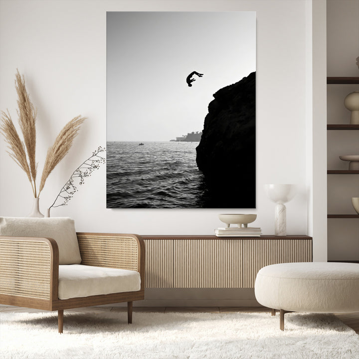 Cliff Jumping Wall Art Canvas Print, Black White Ocean Print, Framed Monochrome Cliff Dive Art Print, Large Coast Dive Printing,