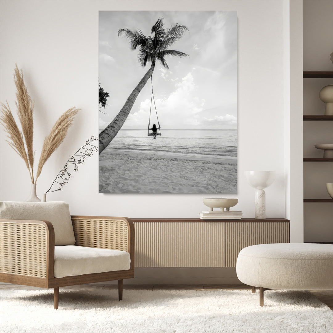 Black White Palm Tree Wall Art Canvas Print, Minimalist Beach Swing Print, Framed Monochrome Coastal Art Print, Large Tropical Ocean