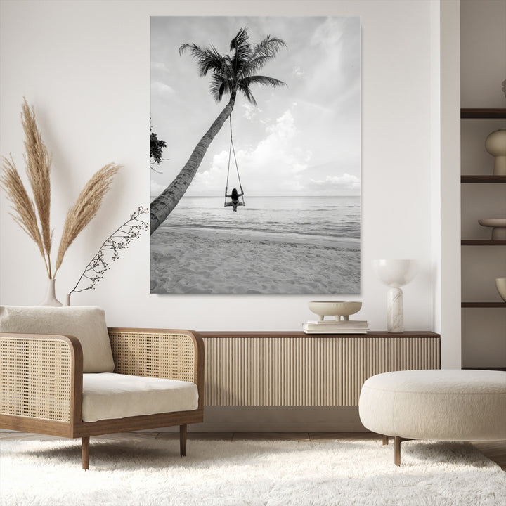 Black White Palm Tree Wall Art Canvas Print, Minimalist Beach Swing Print, Framed Monochrome Coastal Art Print, Large Tropical Ocean