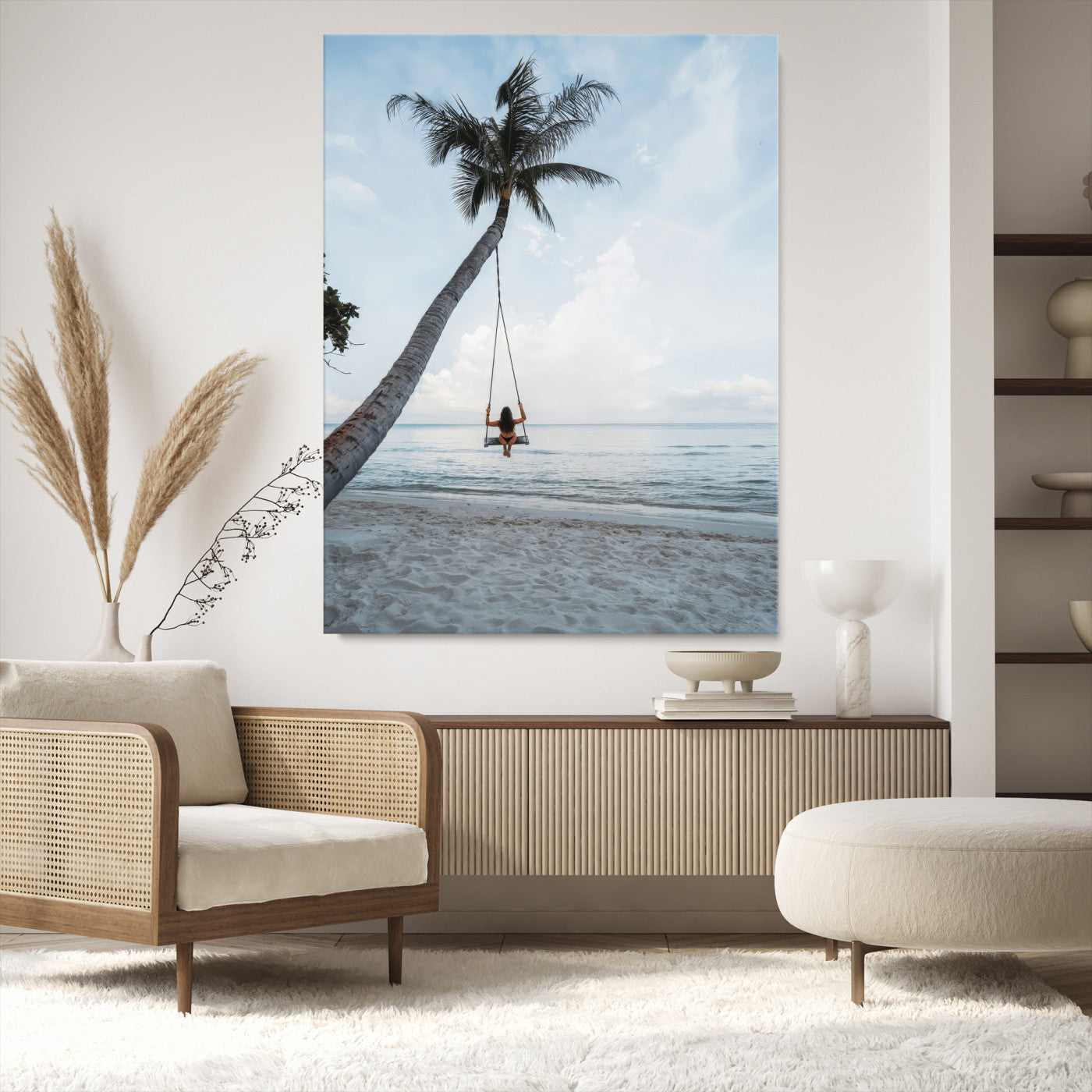 86062249-MGV-CV-36X24-Tropical Swing Scene Wall Art Canvas Print, Framed Tranquil Ocean Art Picture Print, Minimalist Palm Perfect Tropical Decor, Tropical Swing