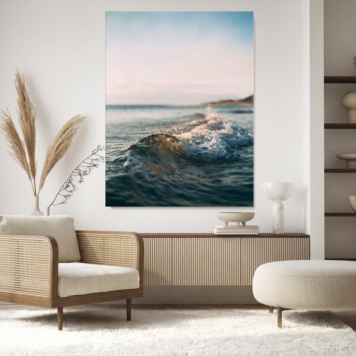 Ocean Waves Wall Art Canvas Print, Framed Coastal Serenity Wall Art Print, Golden Hour Perfect Modern Coastal Decor Artwork