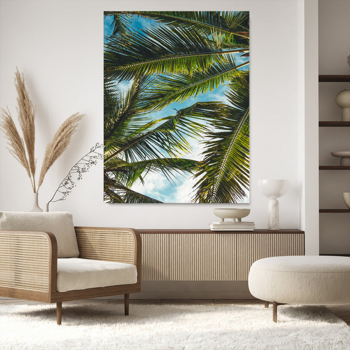 Palm Leaves Wall Art Canvas Print, Framed Tropical Vibes Art Picture Print, Green Foliage Perfect Tropical Boho Decor Artwork